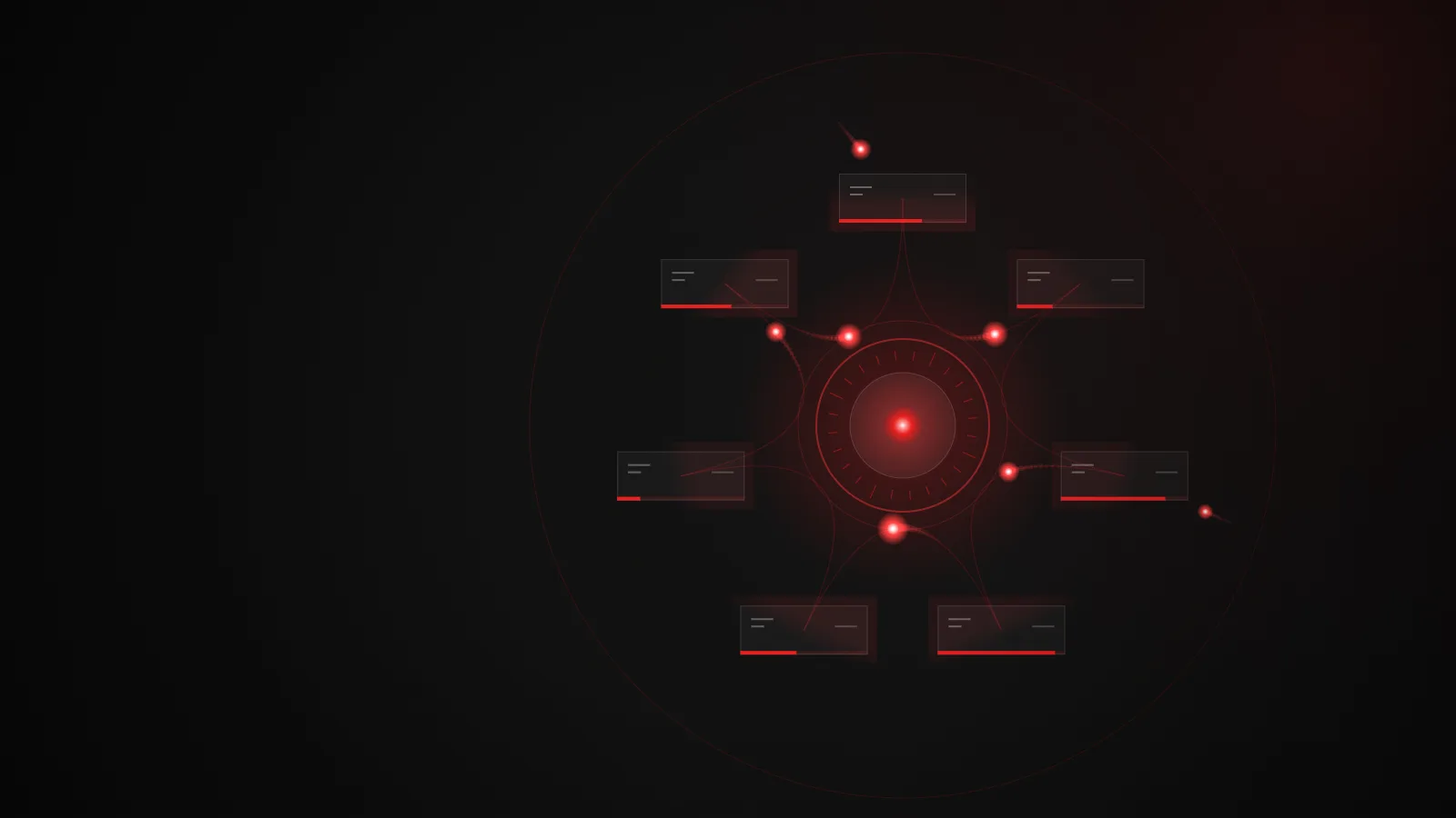 A dark radial diagram with a central red orchestrator node surrounded by a ring of glowing specialist agent panels, with faint curved trails showing tasks routed between them.