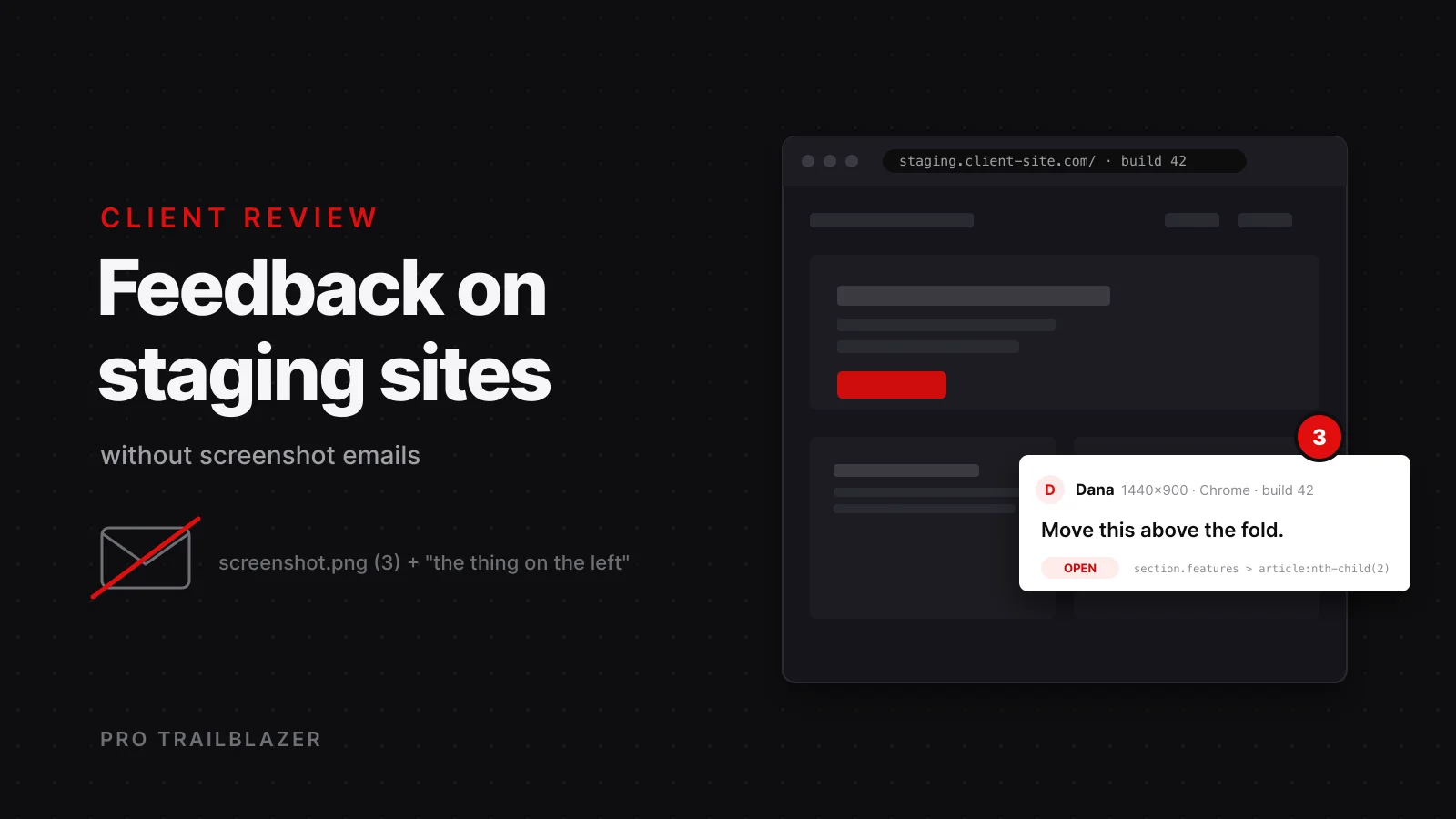 Dark illustration of a browser window showing a wireframed web page with a red comment pin and a note card reading move this above the fold, beside a crossed-out email icon.