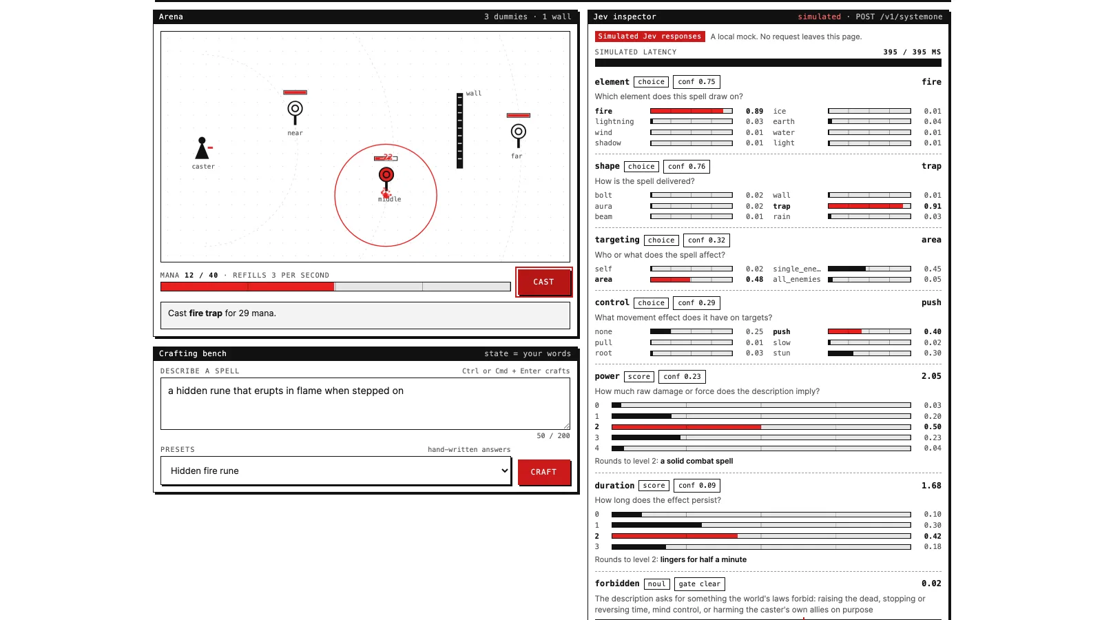 Light 1-bit sim screen: an arena with a caster, three dummies, a wall and a red fire-trap ring, beside an inspector of red and black probability bars.