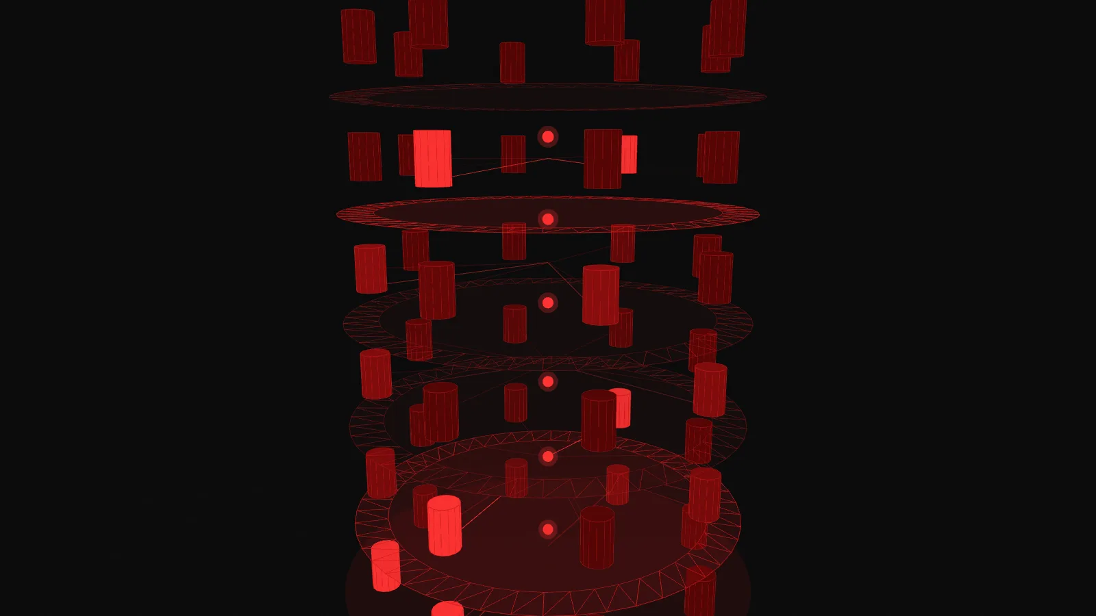 A dark 3D scene showing six stacked layers of red cylindrical towers arranged in rings, with a glowing red token particle rising through the center and bright beams connecting it to two illuminated towers per layer.