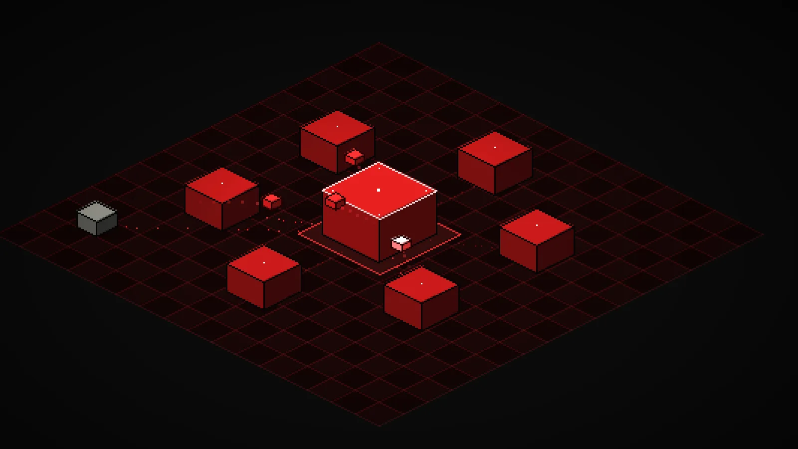 Dark isometric pixel grid with a central red MCP host cube surrounded by six smaller red server cubes, glowing message cubes arcing between them.